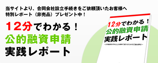 12分でわかる!公的融資申請実践レポート!当サイトより、合同会社設立手続きをご依頼頂いたお客様への特別レポート(非売品)プレゼント中!